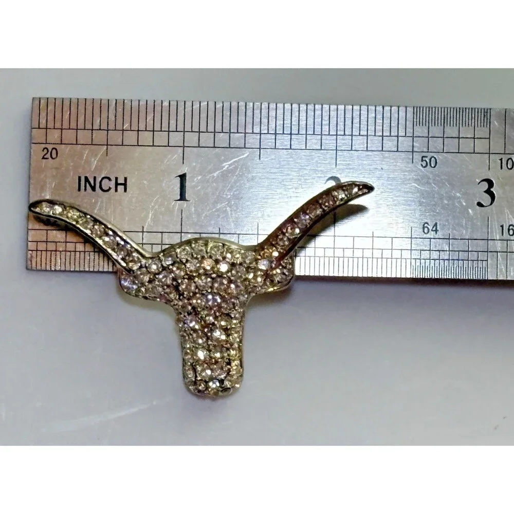 Rhinestone Longhorn Steer Head Brooch Pin Silver Tone Western Cowboy Texas Y2K